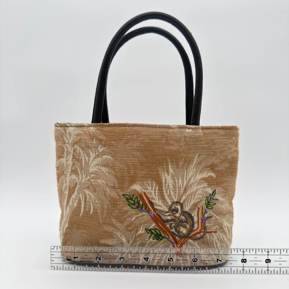 Bueno Monkey Embroidered Tapestry Mini Tote‎ Bag Tropical Palm Shoulder Purse